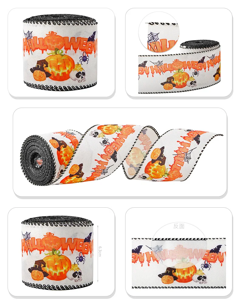 Halloween Wired Edge Ribbon 2.5 Inch Spider Pumpkin Skull Bats Printed Halloween Home Wreaths decorate