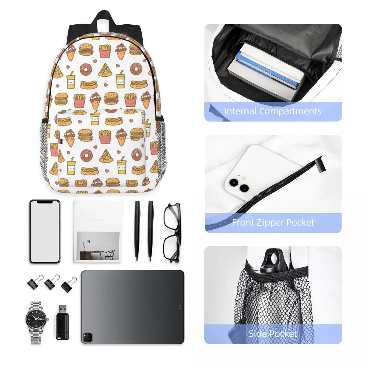 男の子と女の子のための大容量スクールバッグ、カワイイラブ、不要、食べ物、doodlesバックパック、学生ブックバッグ、トラベルリュックサック、ショルダーバッグ