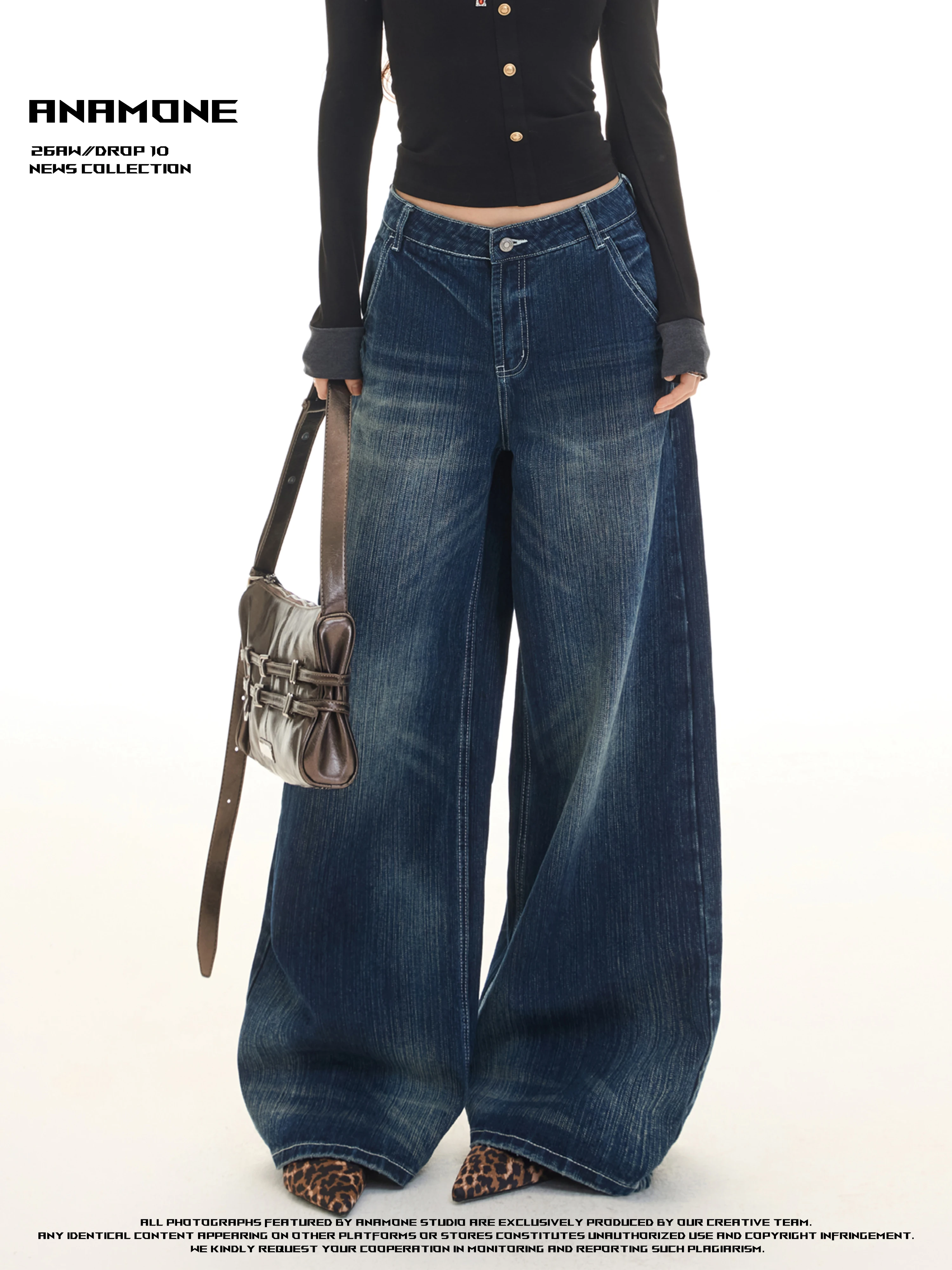 ANAMONE Vintage Deep Blue Washed Embroidered Heavy Crafted Wide Leg Jeans Women's Back Patch Cover Bamboo Texture Denim