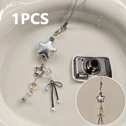 1PC Cellphone Lanyard Keychain For Phone Y2K Style Metal Silver Star Bow Pendant Phone Charm Strap Sweet Cool Girl Pendant