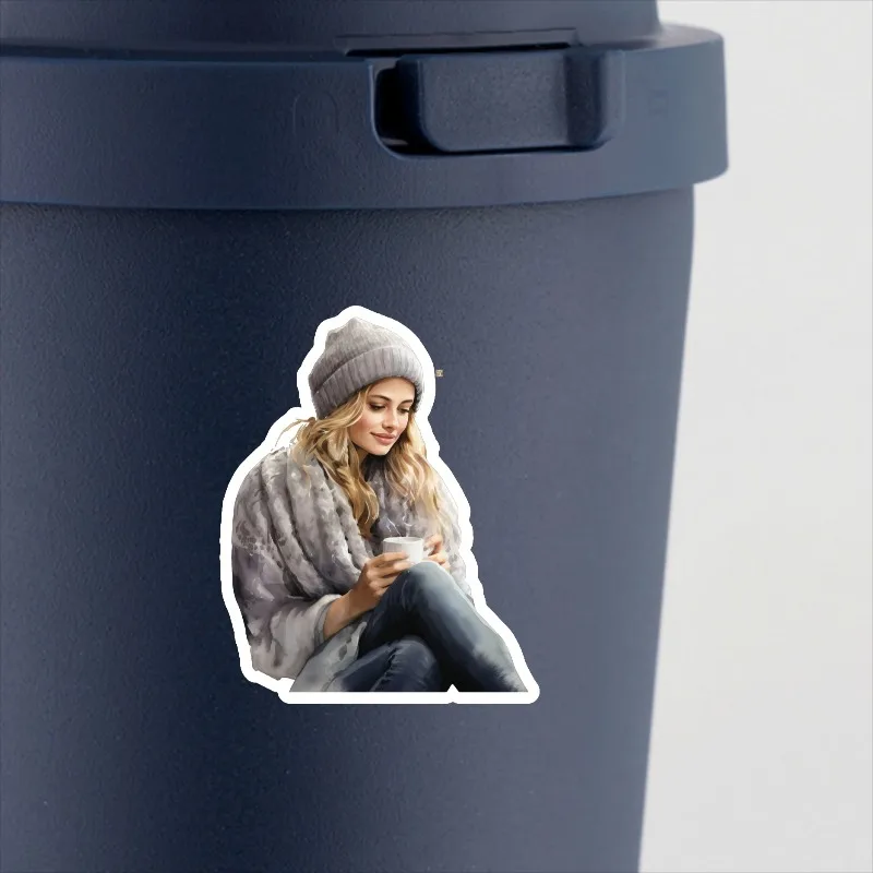 16pcs Cute Self-made  Black watercolor winter girl hot coffee Scrapbooking Stickers Decorative/DIY Craft Photo Albums stationery