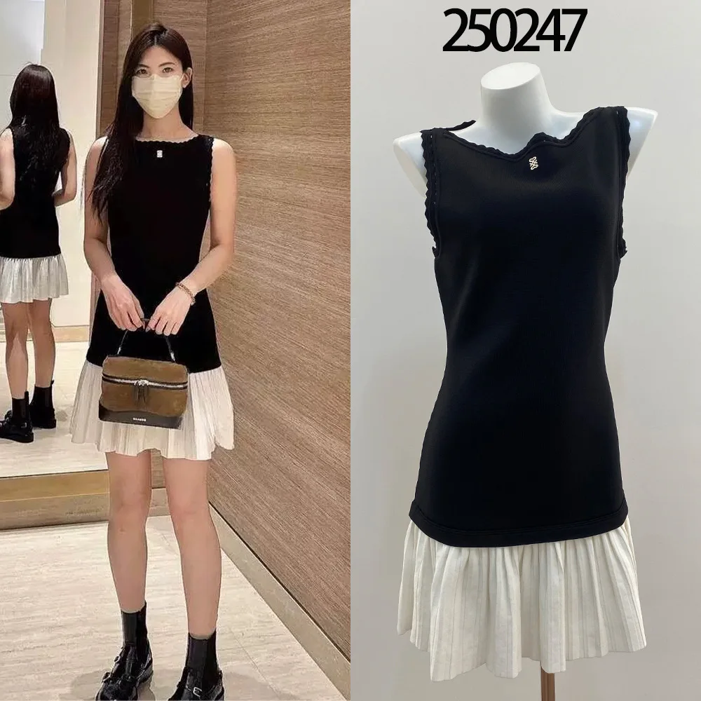 

【Gift Free】2026 Early Spring New Black White Color Block Knitted Sleeveless Dress Pleated Skirt Hollow Lace Midi Dress for Women