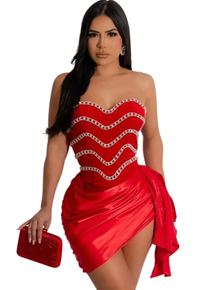 

Sexy Rhinestone Party Short Prom Bodycon Corset Dress Women Sleeveless Strapless Night Club Wedding Evening Ruched Mini Dresses