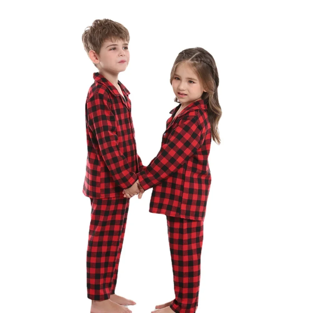 2-Piece Cotton Pajama Set Kids Boys Girls Plaid Pattern Loungewear Kids Cotton Pajamas Set Autumn Winter Clothing