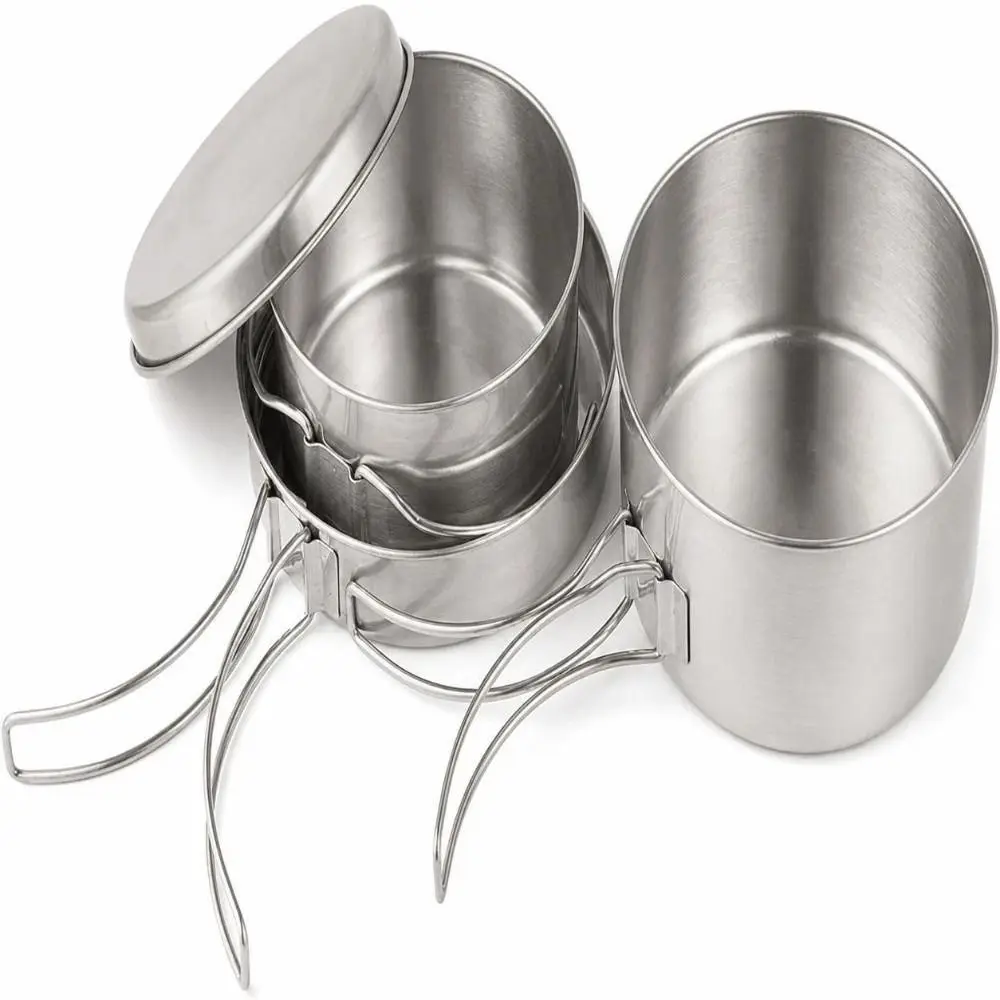 4 Pcs Stainless Steel Camping Cookware Set Stackable 4 Piece Set Camping Pots and Pans Portable Cooking Set Two to Three People