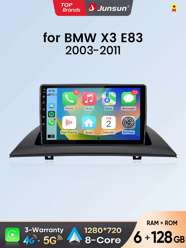 Junsun Android Auto Autoradio für BMW X3 E83 2003 2004 2005 2006 2007 2008 2009-2011 Multimedia Wireless Apple CarPlay Intelligente Systeme IPS Touchscreen Stereo Videoplayer 2 Din Autoradio Head Unit