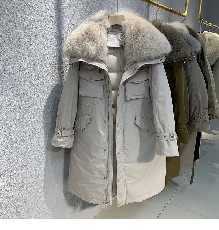 Doudoune mi-longue pour femme avec col en fourrure de renard, parkas décontractées, veste chaude, streetwear surdimensionné, vêtements féminins à la