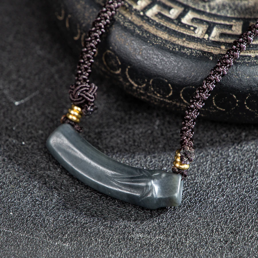 TIMESWIND Simple Natural Jade Black Bamboo Joint Leaf Pendant Men Necklace with Certificate - Image 6