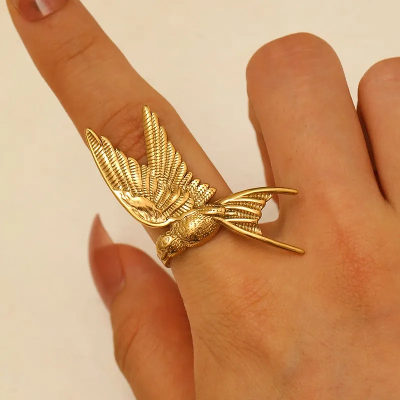 Stainless Steel Gold Peace Dove Open Women Ring Wings Flying Bird Retro Ring Summer Beach Aesthetic Waterproof Jewelry New