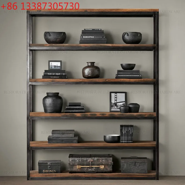 

Промышленная полка в стиле лофт из кованого железа и массива дерева, европейская книжная полка, витрина.