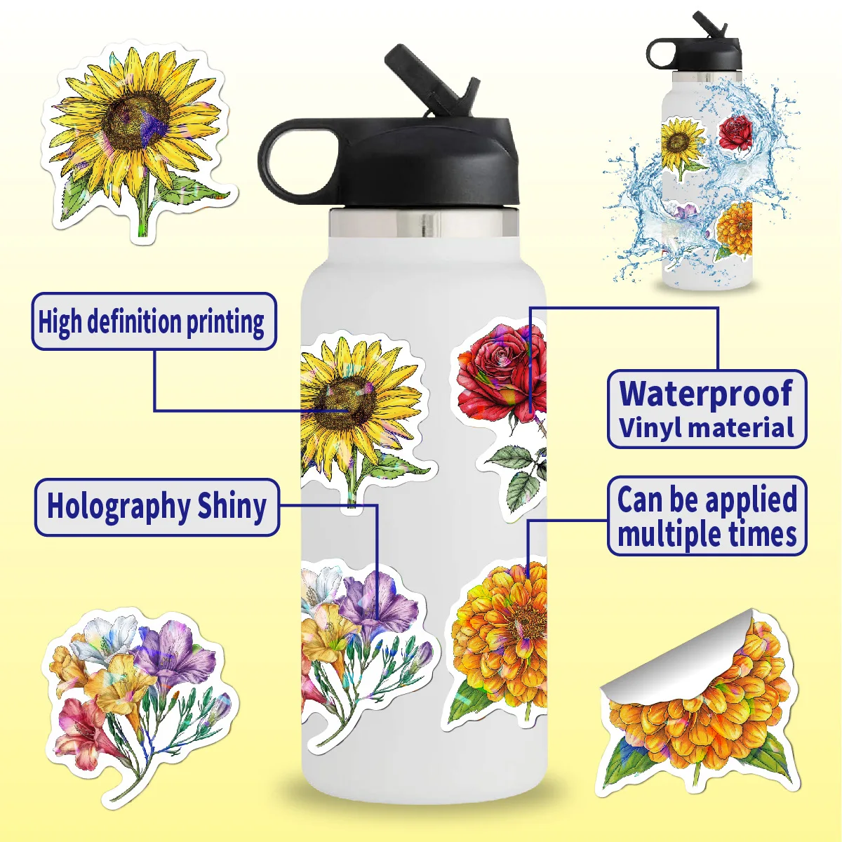 Shiny Holographic Floral Stickers Self Adhesive Waterproof Vinyl for Water Bottle Computer Journal Gift Suitcase view 4