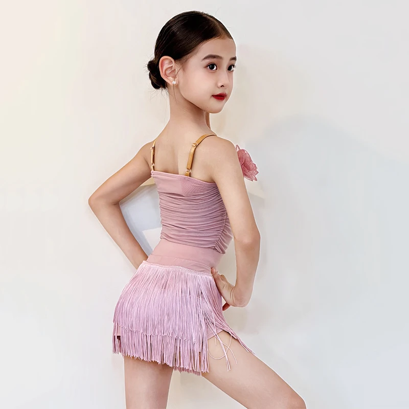 الفتيات الوردي اللاتينية ملابس الأطفال راقصة التدريب دعوى هامش تنورة تشا تشا سامبا السالسا ممارسة ارتداء طفل الزي اللاتينية