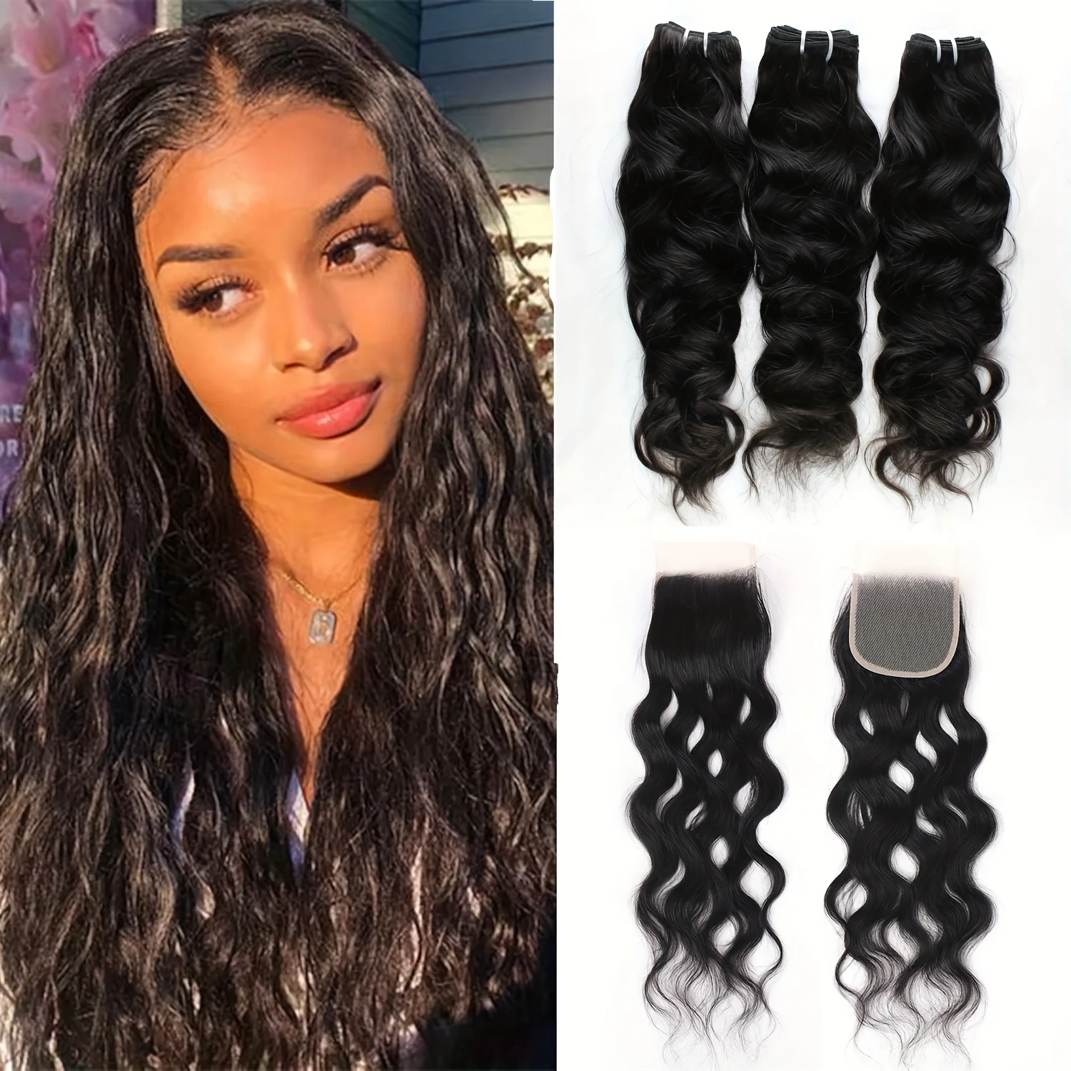 

Бразильские пучки натуральных волнистых волос с кружевной застежкой 4x4, 3 пучка с застежкой, пучки 100% человеческих волос с застежкой