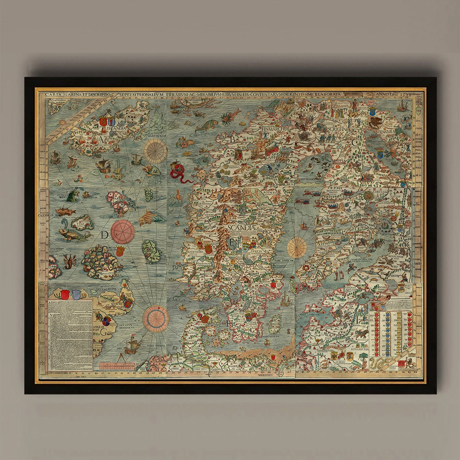 Vintage-Seekarte-Poster, Druckdekoration, Druckdekoration, Skandinavien von Olaus Magnus in 1527-39 Schweden, Dänemark, Norwegen, Island, Schweden