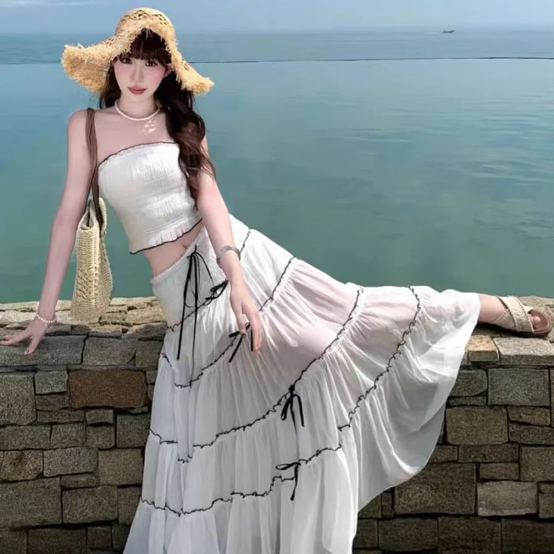 

Белые комплекты из двух предметов, женские топы без рукавов с открытыми плечами, без бретелек, элегантные модные однотонные макси-юбки трапециевидной формы с высокой талией, женские