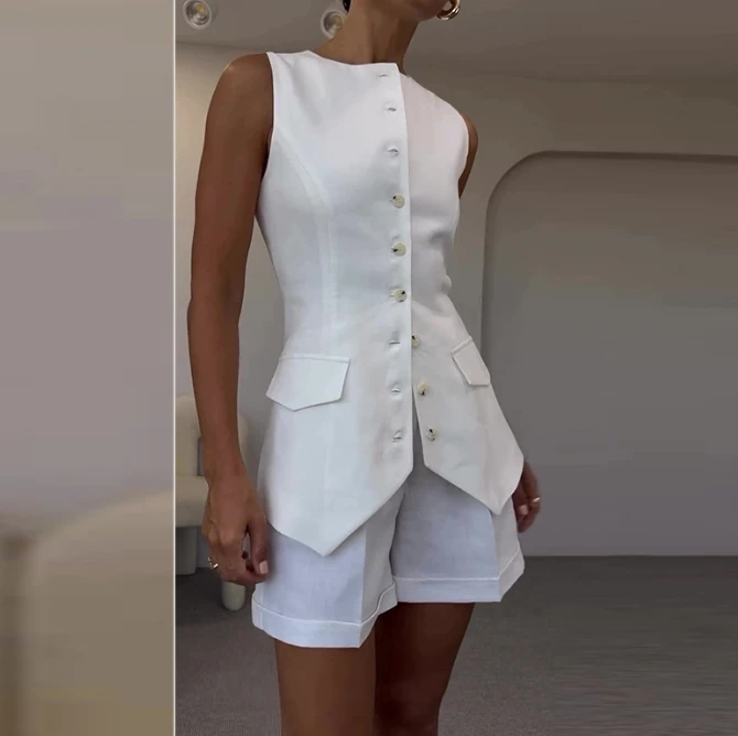 

Women 2 Pieces Elegant White Vests O Neck Single Breasted Sleeveless Blazer Top High Waist Wide Leg Shorts Pants Streetwear