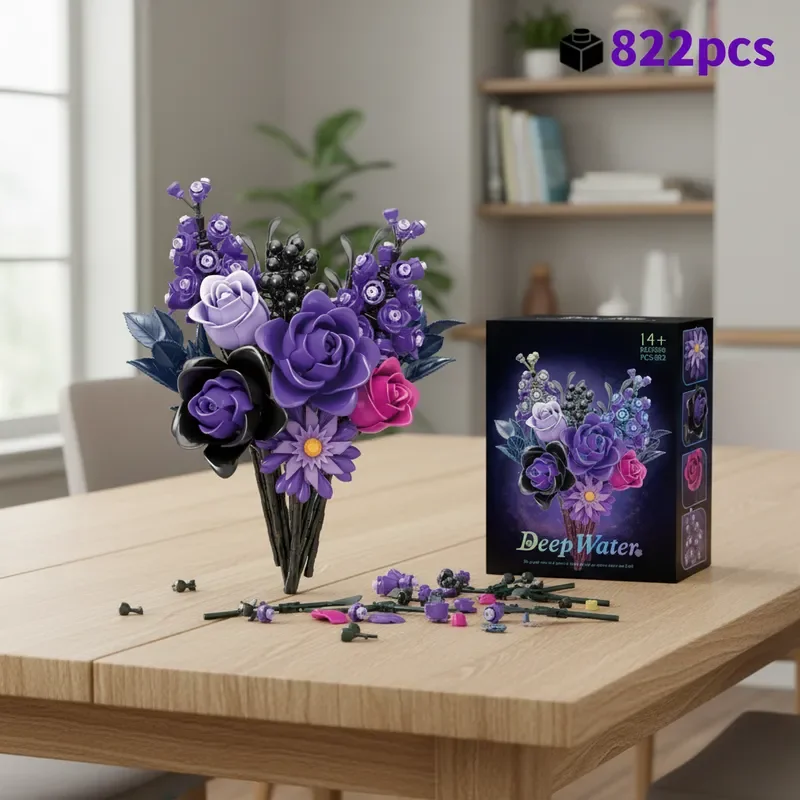

Purple Rose Bouquet Building Blocks 822Pcs Creative Model Unique Home Decor Romantic Gift Girls Valentine's Day Birthday Present