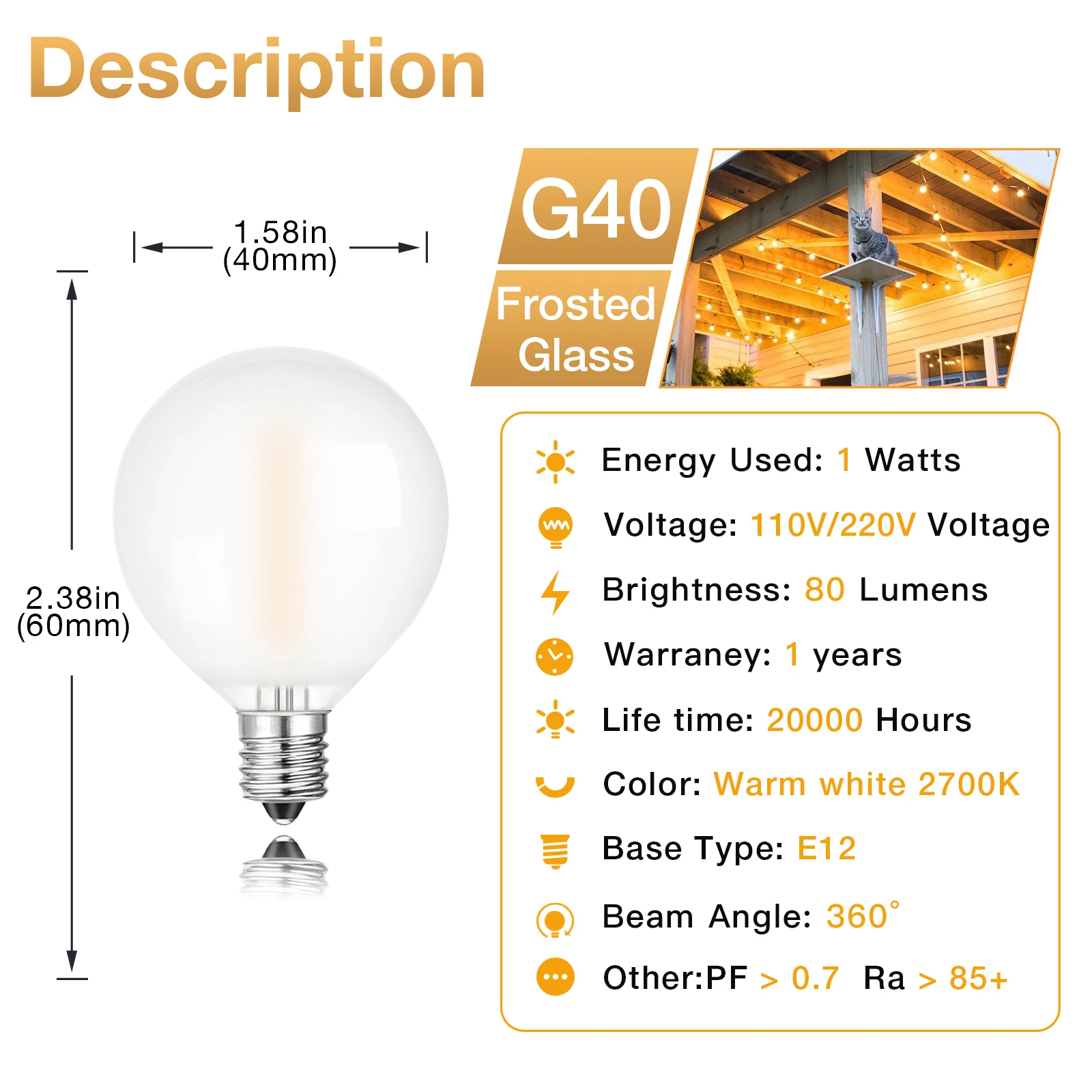 Sphoon lampu lingkaran dunia, rantai lampu peri dekorasi tahan air IP44 25FT 33FT 50FT kaca putih buram G40 basis E12 1W dapat diredupkan