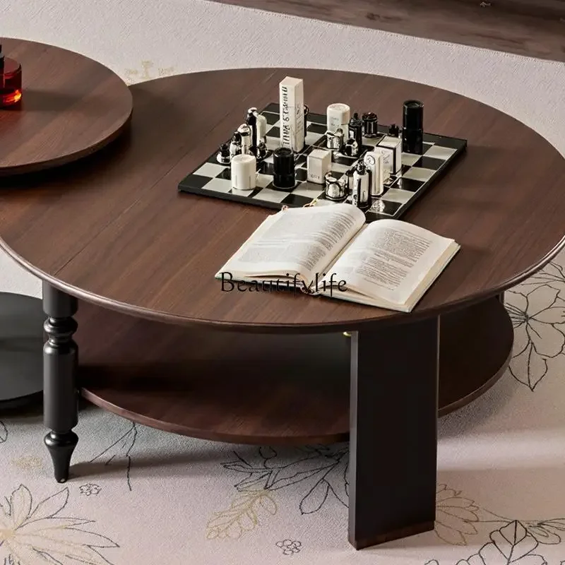 Meja kopi bundar kayu solid gaya abad pertengahan untuk ruang tamu rumah tangga apartemen kecil bergaya retro Prancis