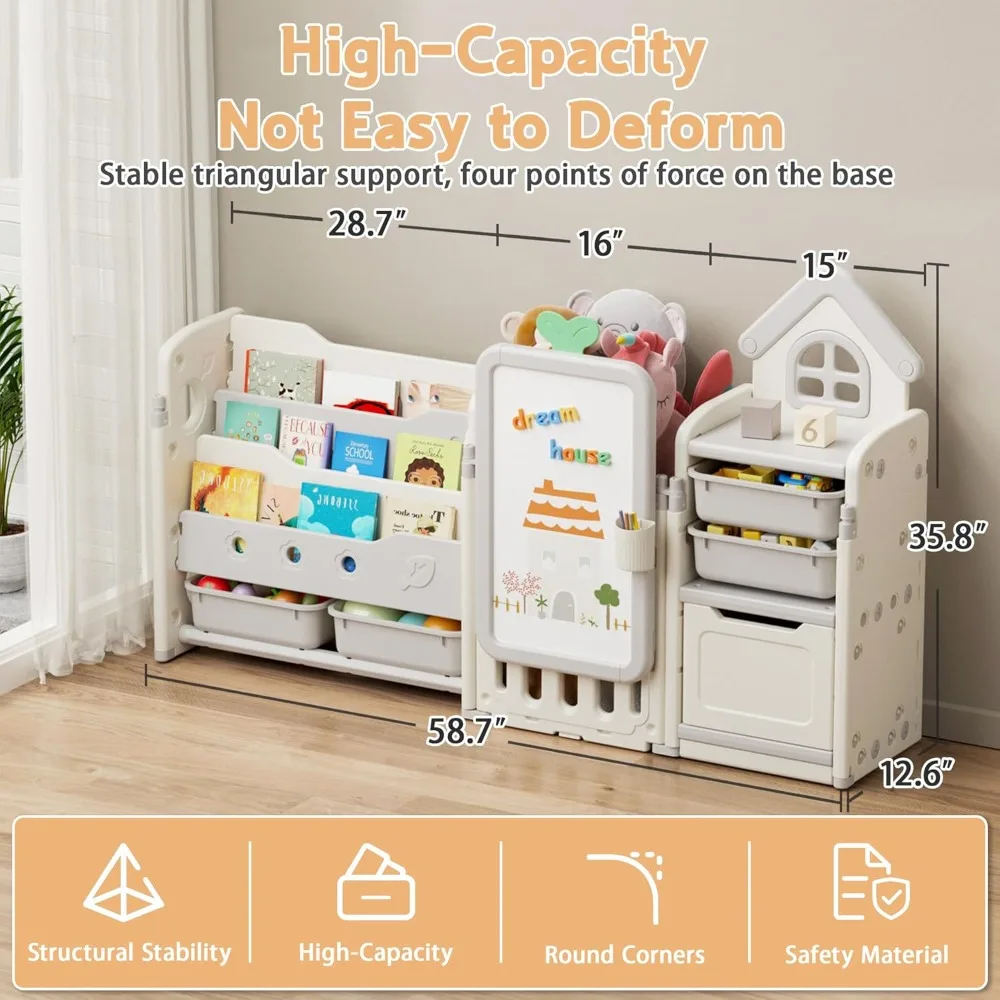 10-bin foldable toy organizer with 3-tier bookshelf for kids' storage