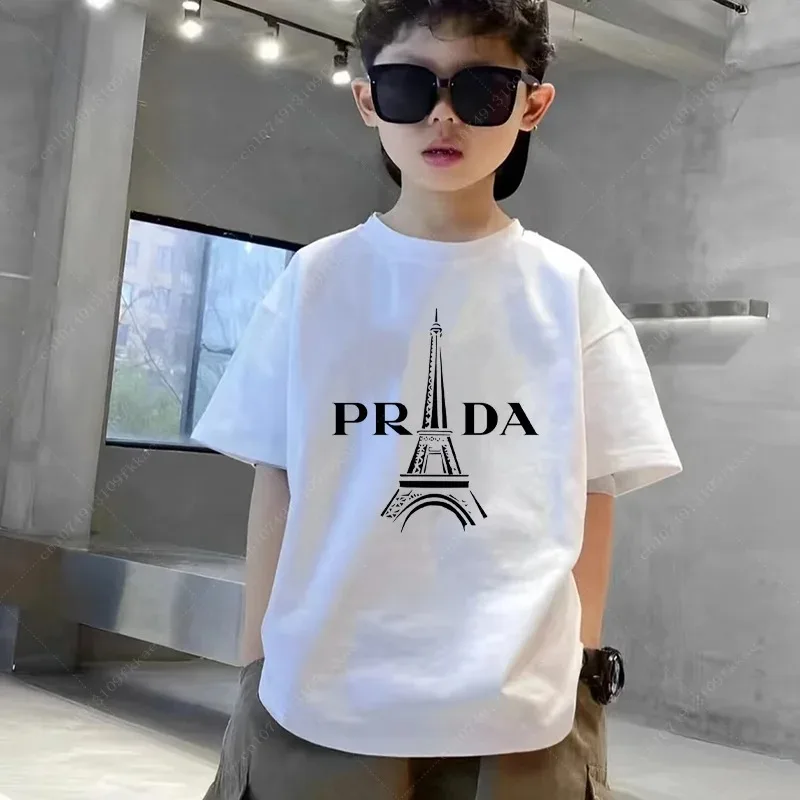 2024 New Kids T-shirt Cotton Luxury Brand Paris Print Shirt Summer Boys Girls Clothes Short Sleeves Kawaii Children Casual Tops