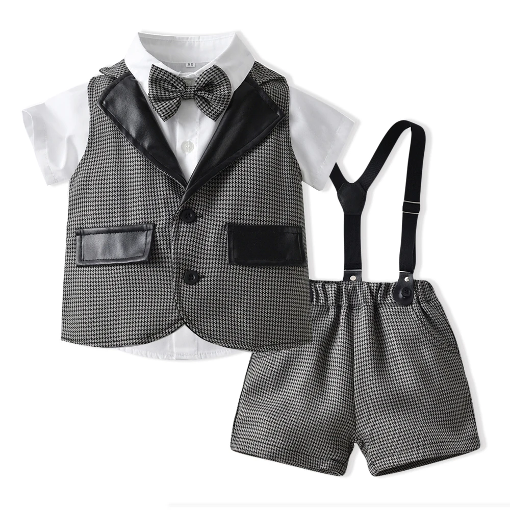 

Summer New Baby Boys Clothing Sets Gentleman Short Sleeve Bowtie Shirt+Suspenders Shorts+Vest Formal Outfits Wedding Suits