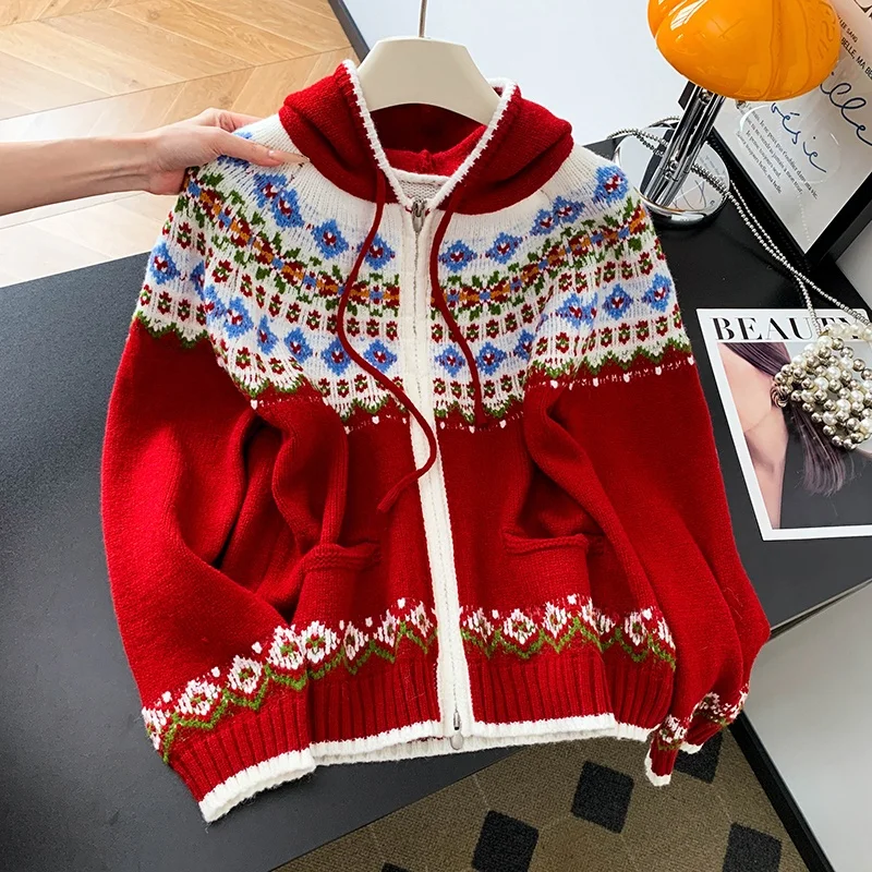 

Women's Thiened Hooded Knitted Sweater Coat Loose Fit Autumn Winter New Sle Slimming Versatile Woolen Camere Coat