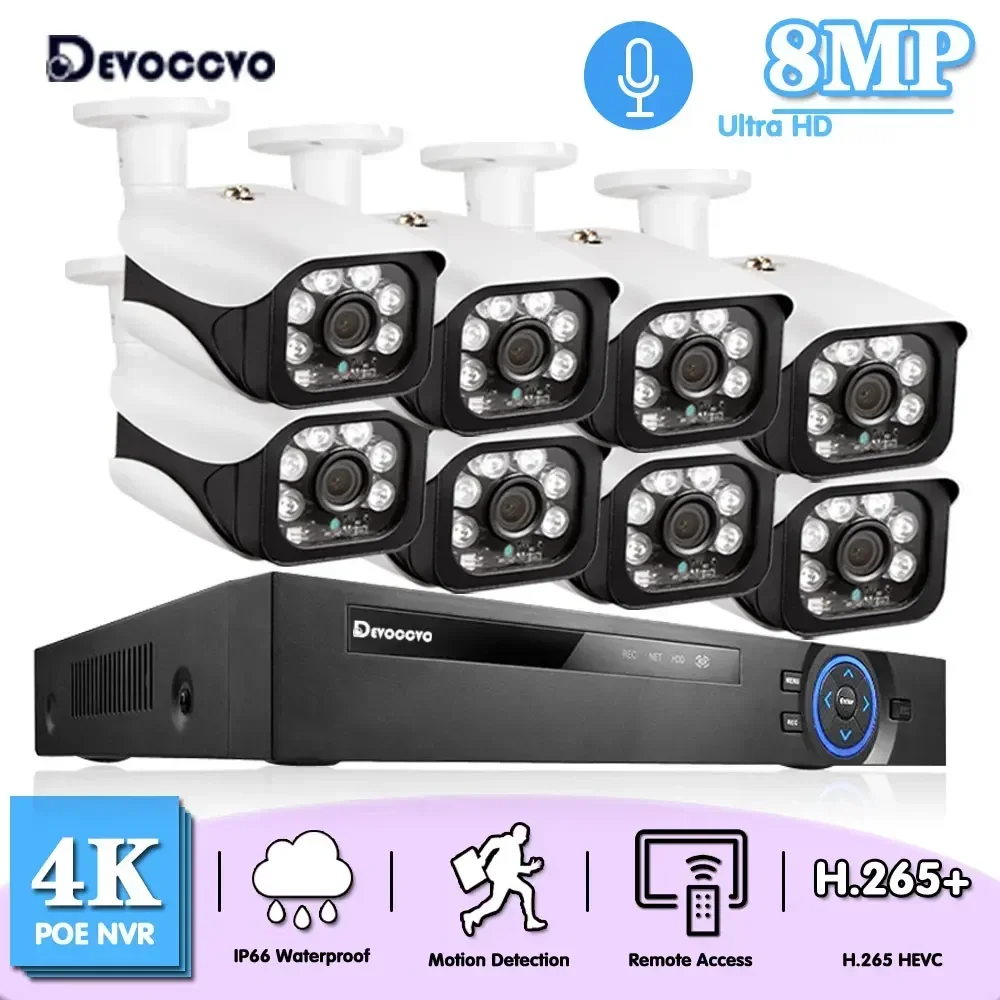 

H.265+ 8CH 4K 8MP POE NVR Комплект системы видеонаблюдения Водонепроницаемая уличная пулевидная IP-камера Аудиозапись Набор видеонаблюдения 4CH