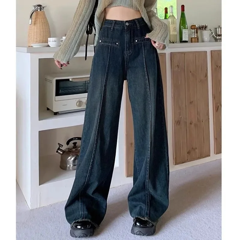 

Autumn Clothes Korea Ladies Wide Blue Jeans Women'S Clothing Plus Size Low Rise Waisted Hipster Y2K 2000S Vintage Retro Female