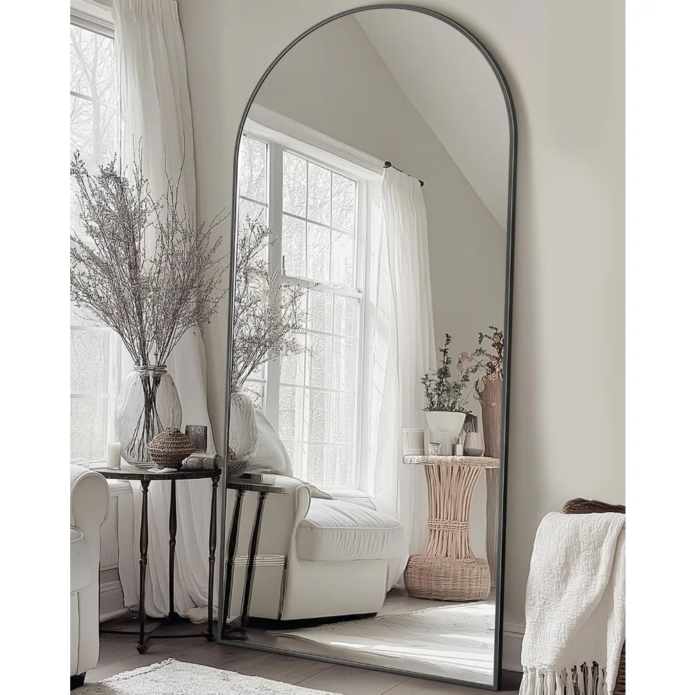 Espejo de suelo estilo arco de gran tamaño, 26x68 pulgadas, negro, adecuado para dormitorio, sala de estar y guardarropa