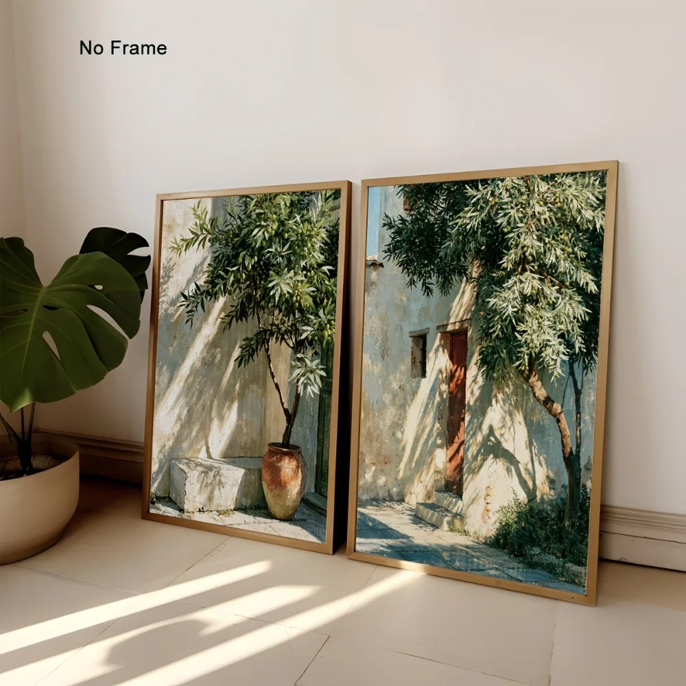 2pcs Frameless,Mediterranean Olive Tree Wall,Rustic Plant Poster Printing,Tuscan Coast Decor,Neutral Nature Bohemian Home Decor