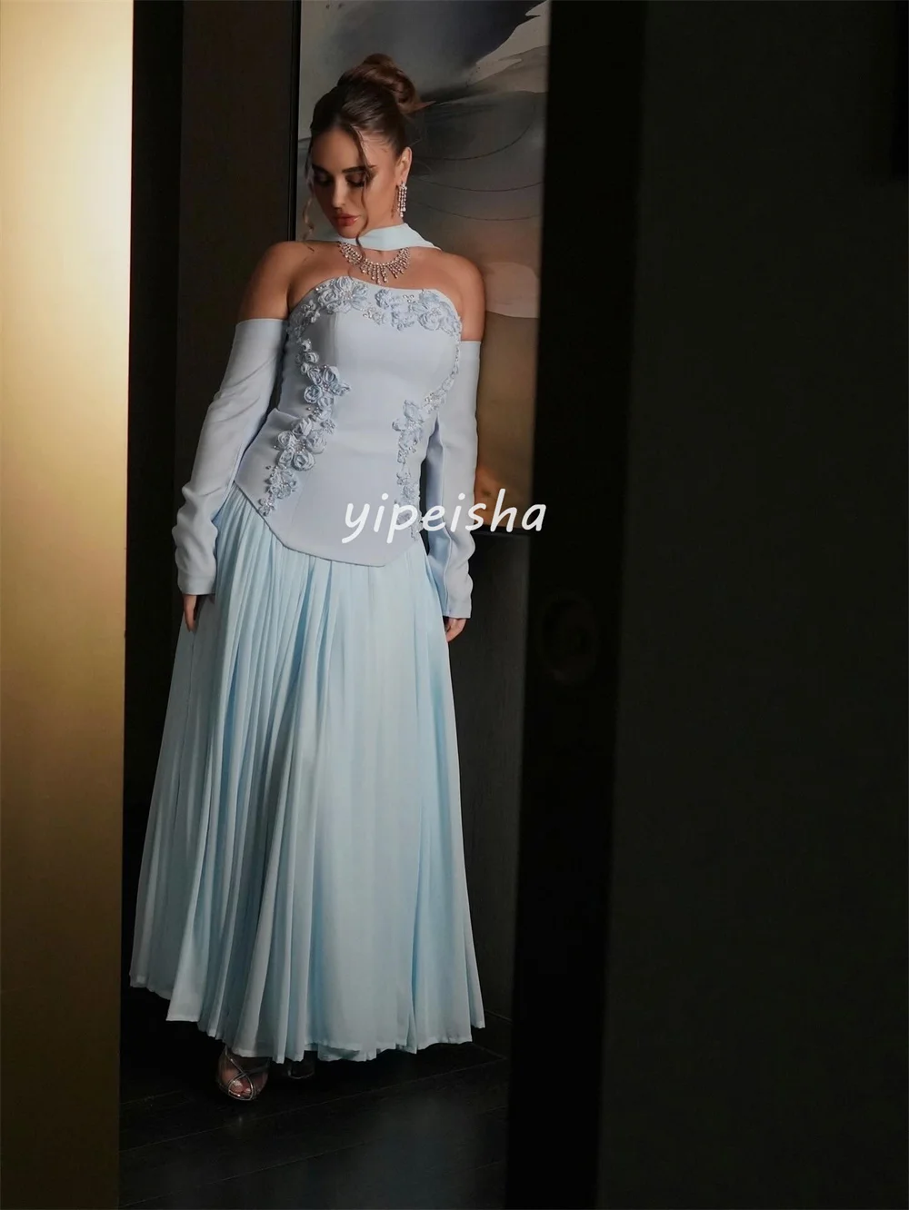 Customized High Quality Classic Chiffon Handmade Flower Beading Straight Strapless Long Dresses Bespoke Occasion Dresses Formal