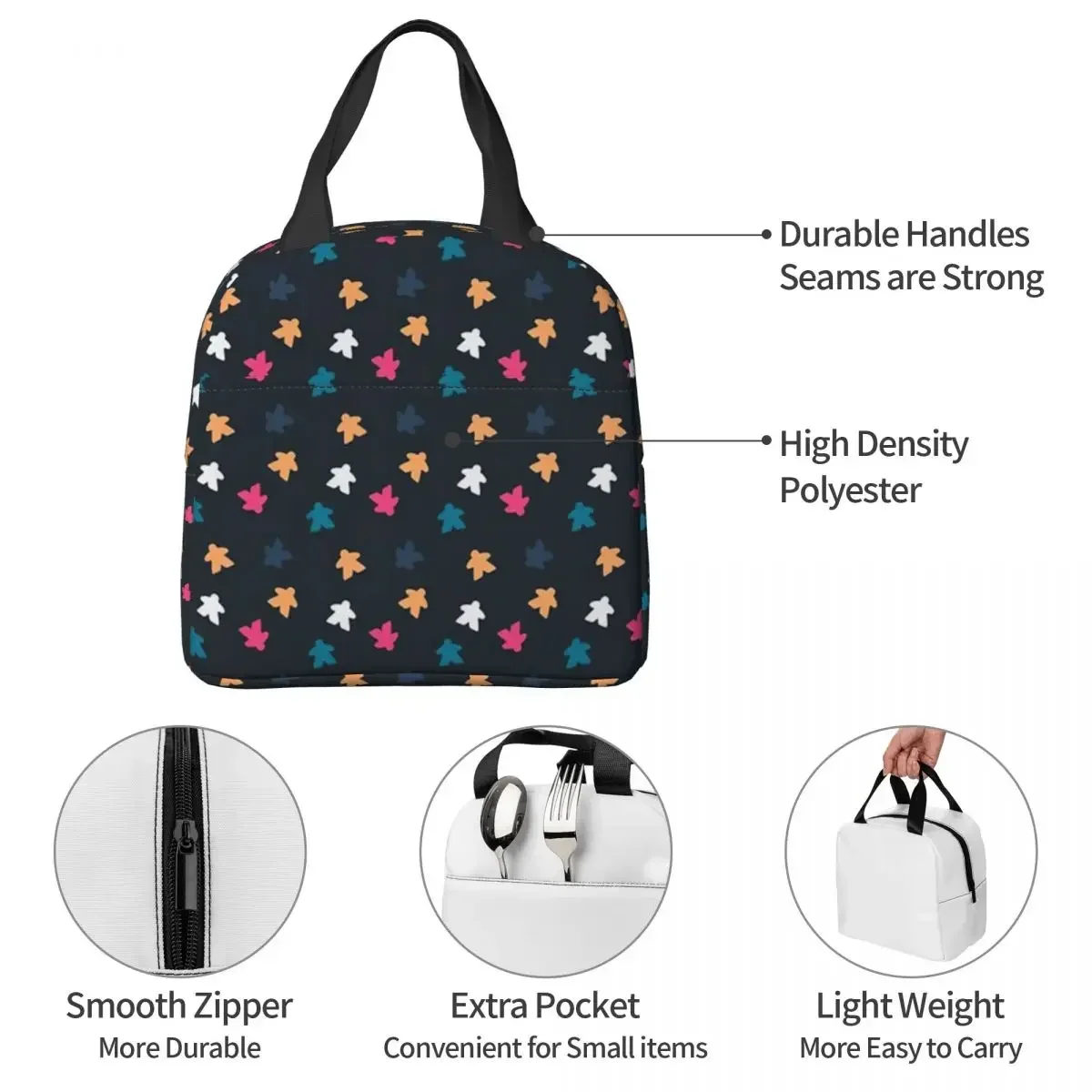 Dark Meeple Pattern Insulated Lunch Bags Waterproof Picnic Bags Thermal Cooler Lunch Box Lunch Tote for Woman Work Children