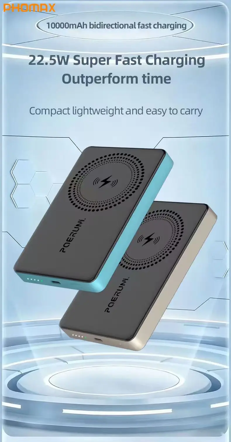 

PHOMAX 10000mAh Wireless Power Bank Ultra-Thin Magnetic Portable Charger Super Fast 22.5W PD for iPhone Samsung