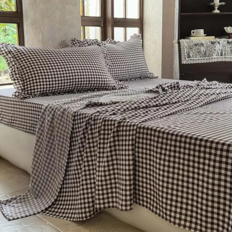Ruffle Sheet Set Coffee Soft Pre-Washed Microfiber Plaid Bed Sheets 4-Pieces Farmhouse Sheet Set with Deep Pocket
