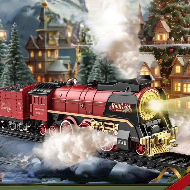 Classical Railway Freight Train Remote Control Model Christmas SteamTrain with Light&Sound Toys for Kids Gift Children