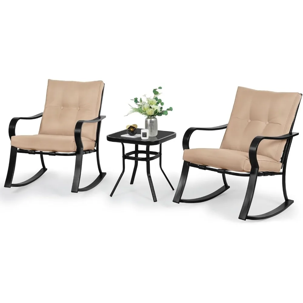 3-Piece Outdoor Rocking Chairs Bistro Set, Black Iron Patio Furniture with Brown Thickened Cushion & Glass-Top Coffee Table