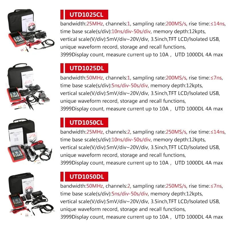 

UNI-T UTD1050DL Digital oscilloscope 50MHz bandwidth, 2 channels 3.5"TFT Handheld Mini USB Oscilloscopes LCD Storage Scope meter