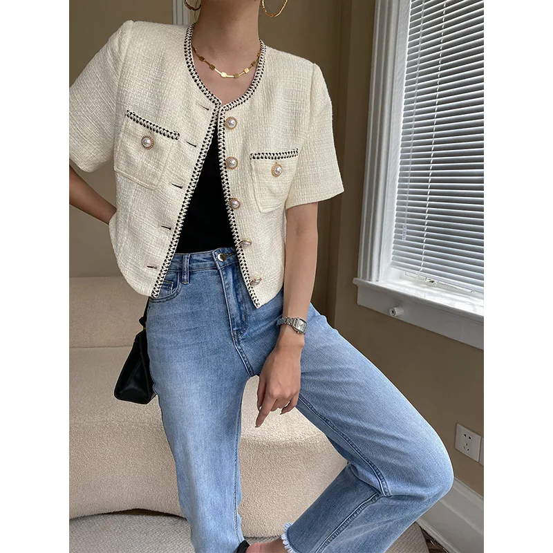 

French Small Fragrance Thin Short-sleeved White Jacket Women Fashion Casual Loose Chic Korea Slim Tweed Black Short Coat Summer