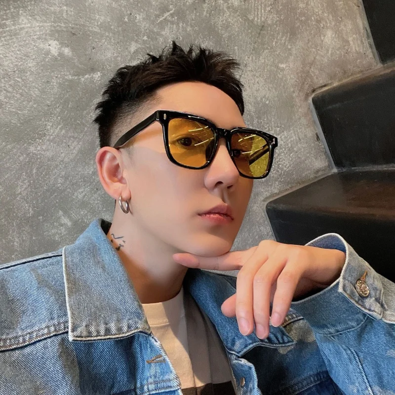 Yellow Sunglasses Women's Rivet Square New Trendy Men Glasses to Make Big Face Thin-Looked