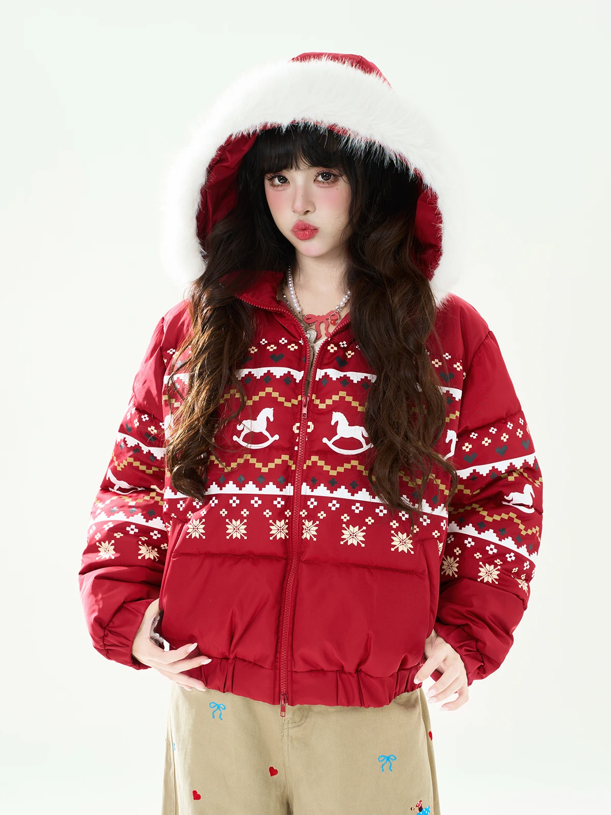 

Женская зимняя теплая хлопковая куртка ENJOG с капюшоном и воротником в стиле Fair Isle, свободного кроя, с длинными рукавами, на молнии