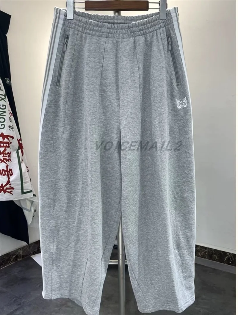 25SS Butterfly Embroidery AWGE Wide Leg Pants Men Women Jogger Drawstring Pants Grey Pure Cotton Terry Striped Sweatpants