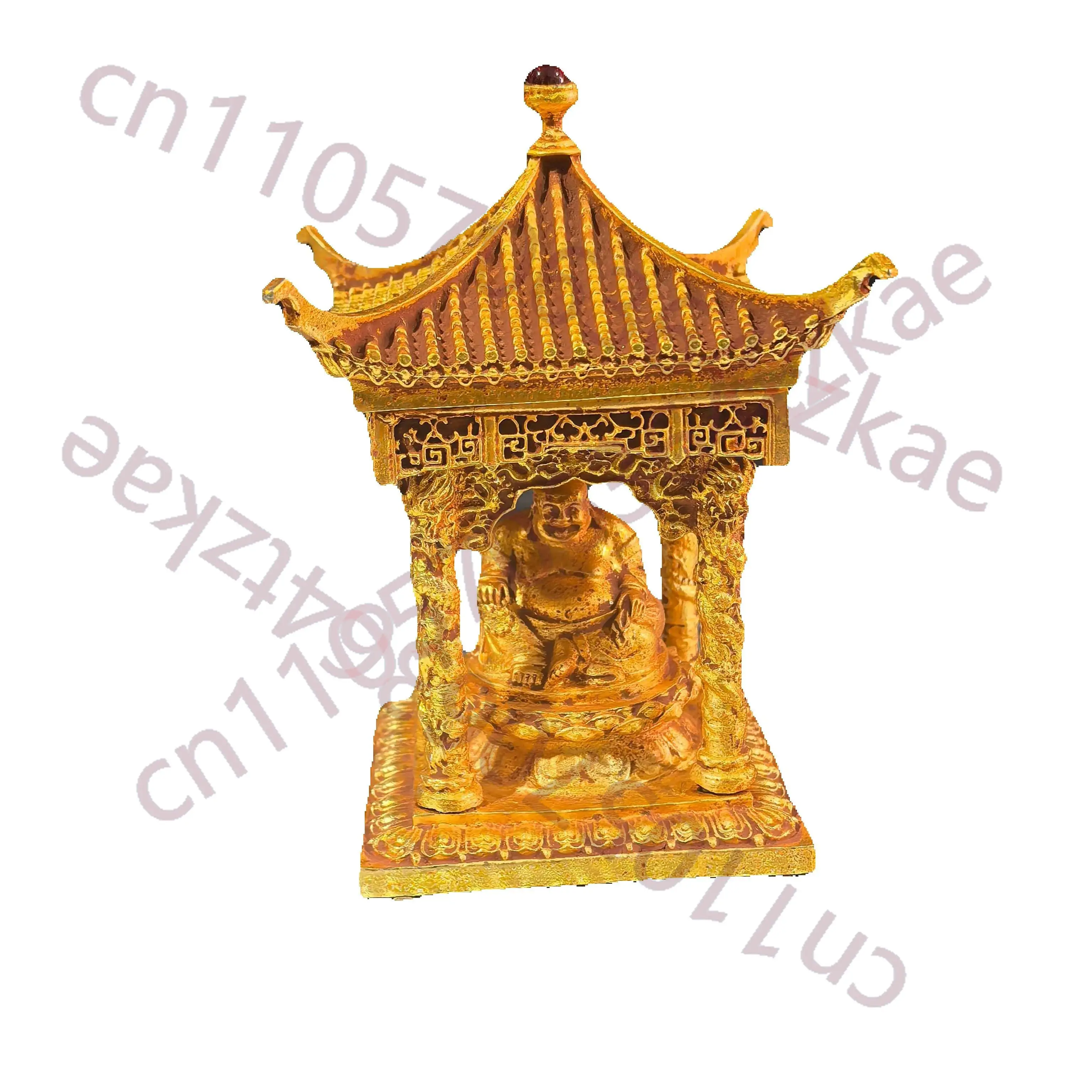 

Chinese Folk be unearthed Collection of copper Golden color Four sided Buddha Maitreya Buddha House Pavilion Pagoda