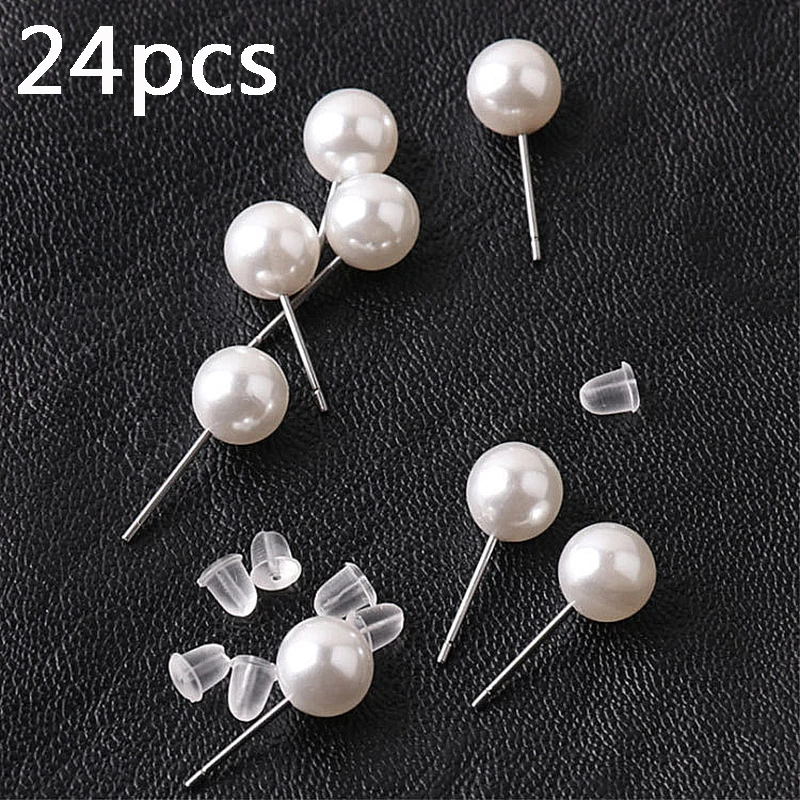 12 Pairs White Pearl Stud Earrings Fashion Spherical Stud Earring Popular Jewelry 24 Pcs/set Gift Simple Elegant Banquet Jewelry