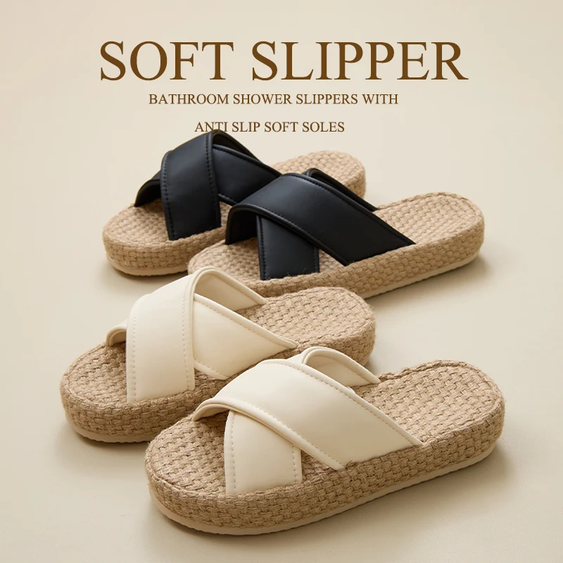 

High-End Linen Slippers for Men Thi Bot Indoor Summer Breathable Sweat Absorbent Couple Home Rubber TPR Bot Cross Bule