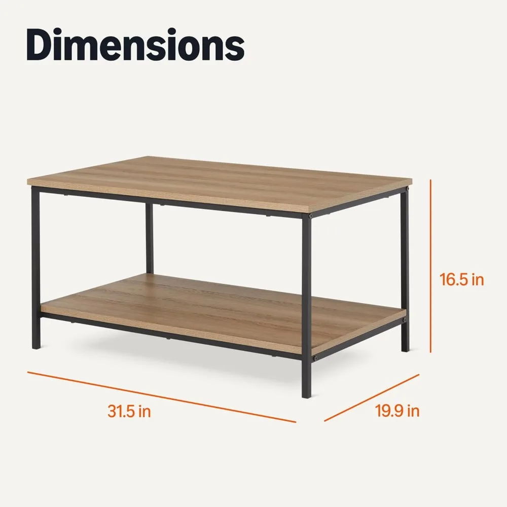 Rectangular Coffee Table with Bottom Shelf, Wooden Living Room Center Table, 19.9" D x 31.5" W x 16.5" H