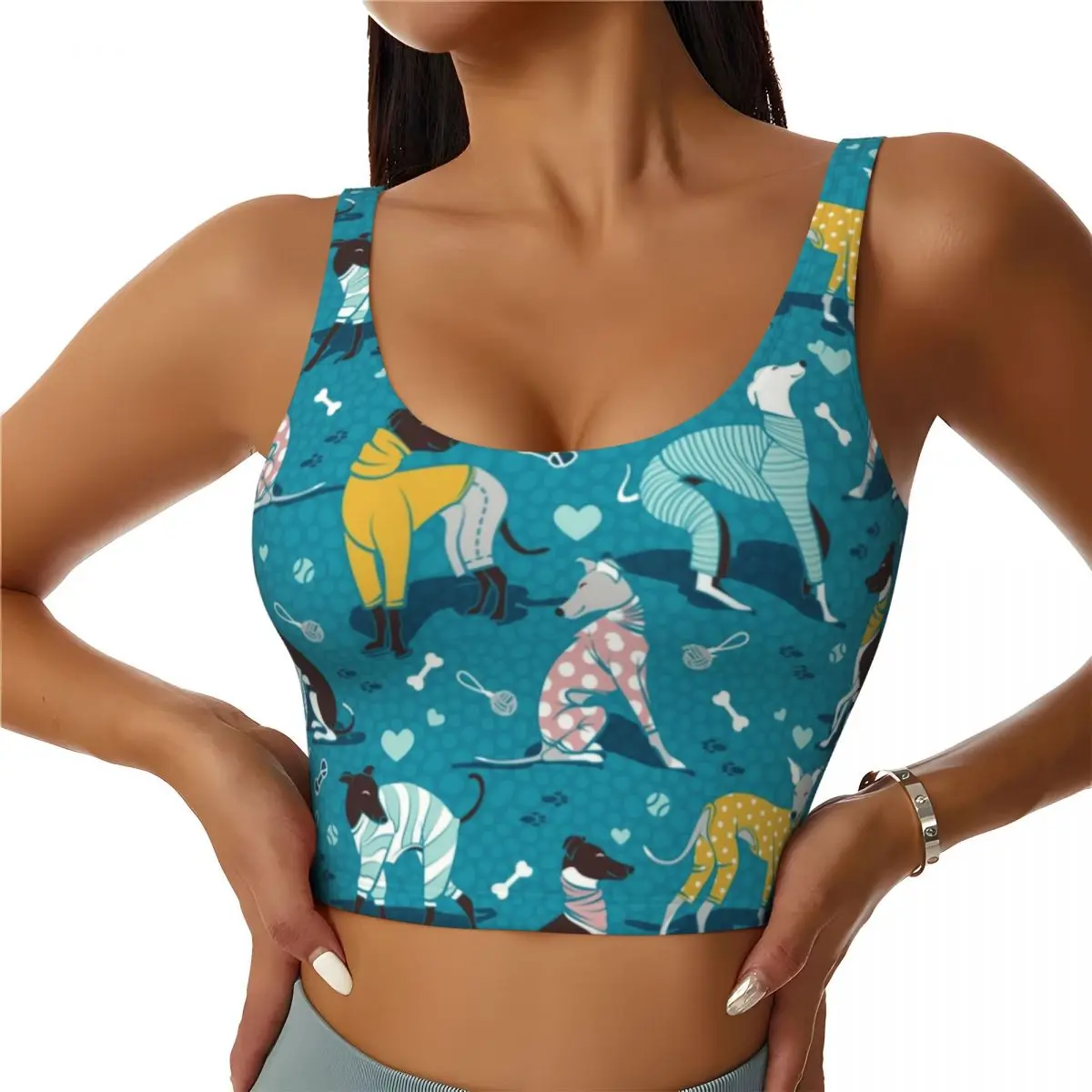 

Custom Women Cute Greyhounds Dog Sports Bras Whippet Sighthound Pet High Impact Gym Workout Running Crop Tank Tops