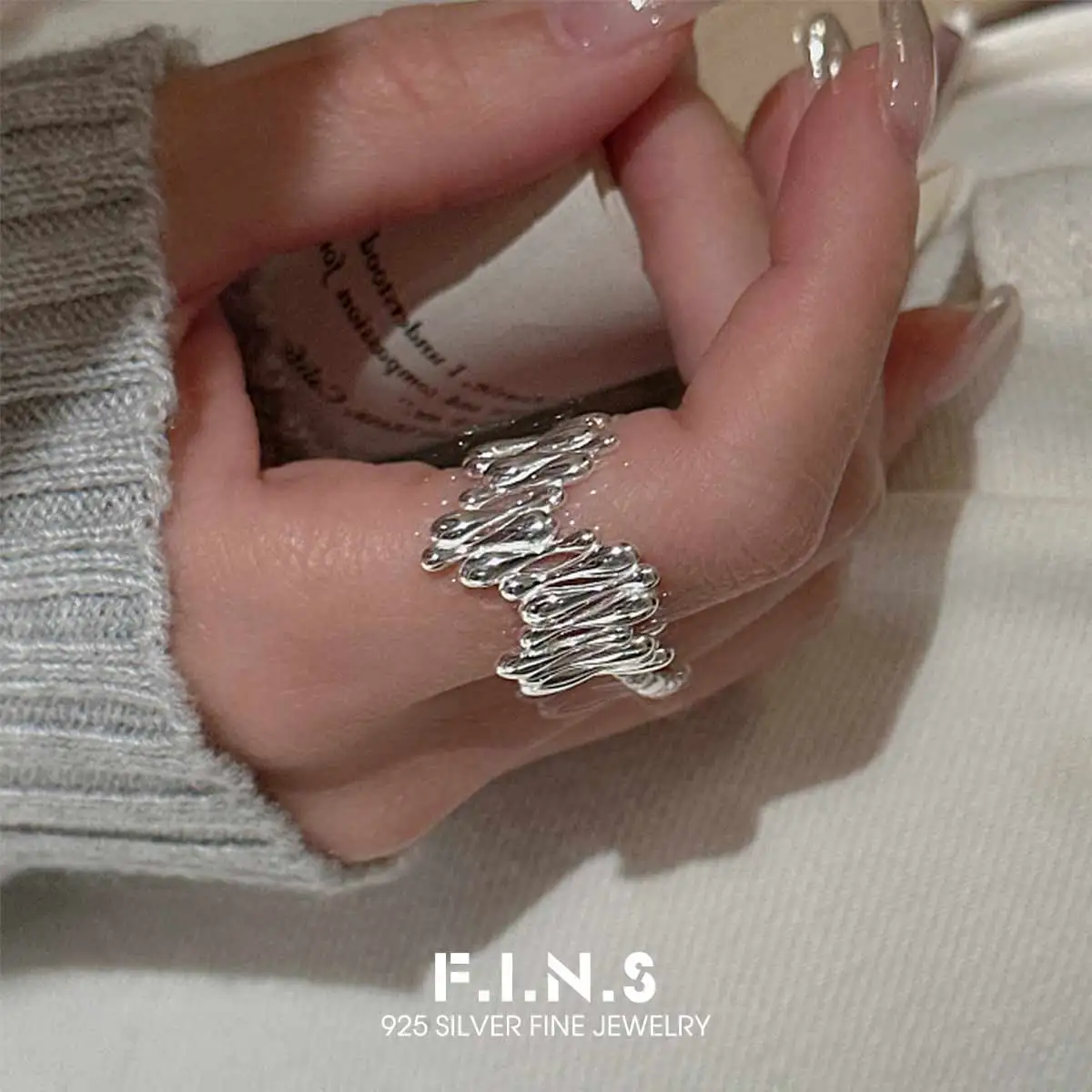 

F.I.N.S оригинальное корейское кольцо-капля из стерлингового серебра S925, минималистичное ретро-кольцо с нерегулярным отверстием, регулируемые широкие манжеты на палец, ювелирные изделия