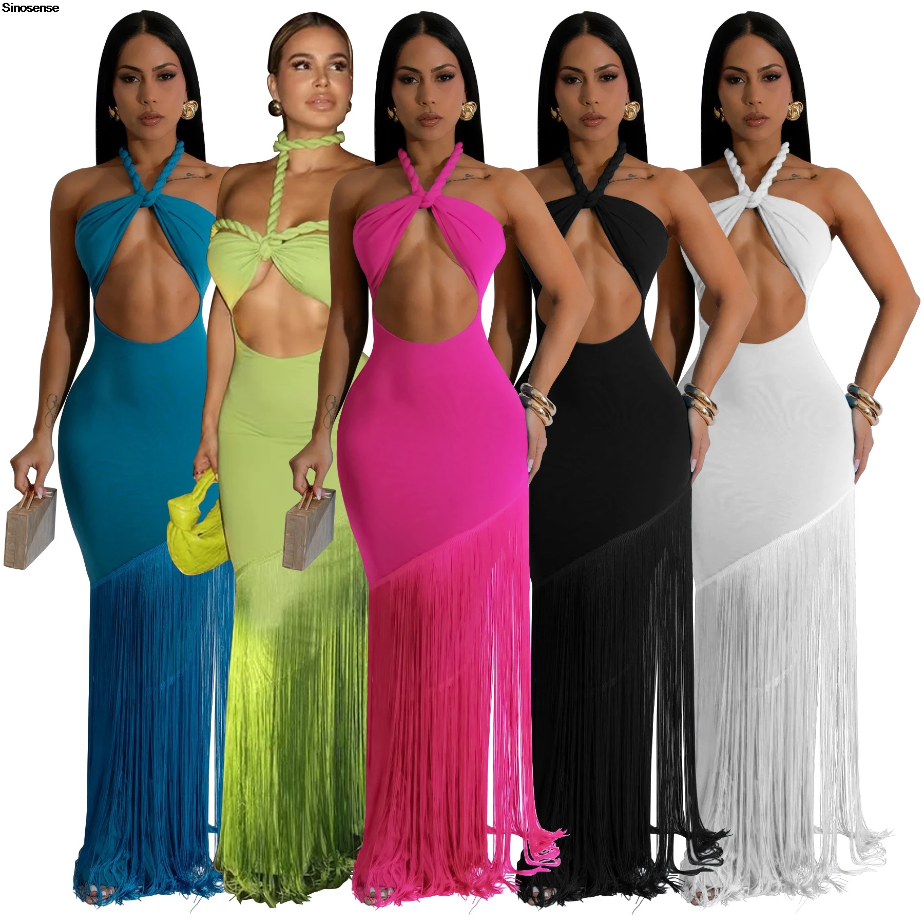 สตรี Halter Bodycon Maxi ชุดเซ็กซี่ Backless ตัดออก Slim Fringed ชุดยาว Elegant Beach Vocation Night Out Club Party Dress