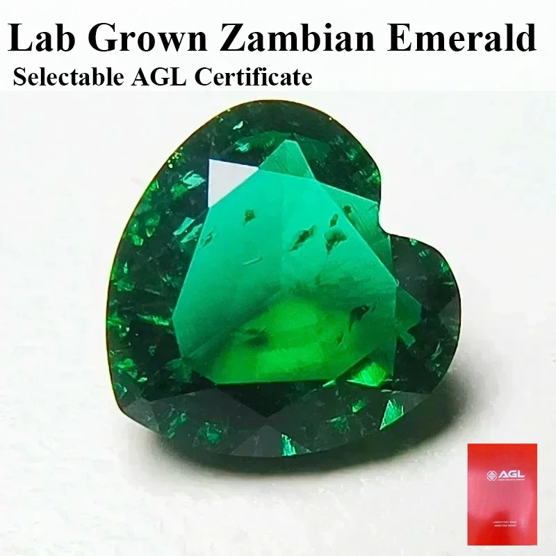 

Lab Grown Zambian Emeralds Heart Shape Hydrothermal Hand Cutting with Cracks Inclusions Inside Selectable AGL Certificate